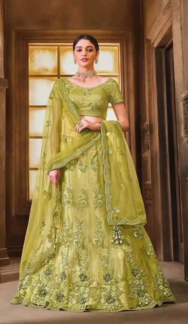Lime Green Color Net Designer Bridal Wedding Wear Lehenga Choli For Women -9968116675