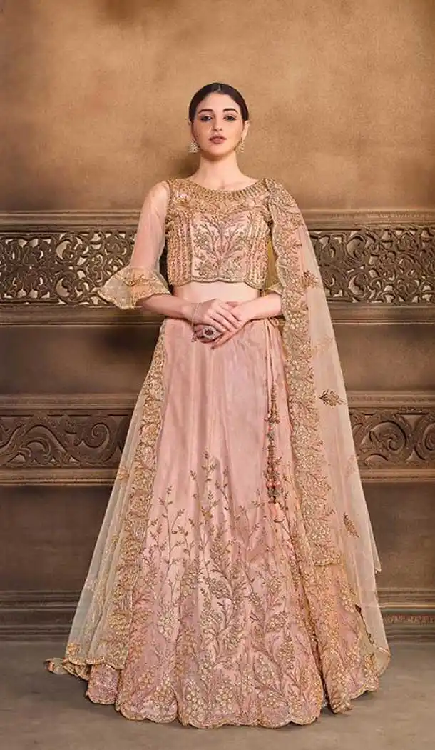 Peach Color Net Designer Bridal Wedding Wear Lehenga Choli For Women -9968116676
