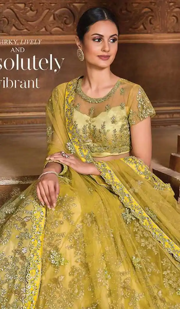 Lemon Color Net Designer Bridal Wedding Wear Lehenga Choli For Women -9968116680
