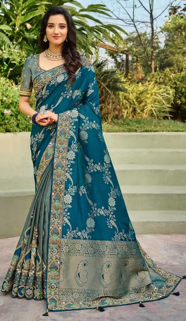 Blue Grey Color Silk Traditional Designer Party Wear Saree Blouse -9974116731