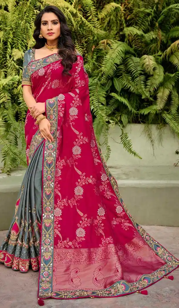 Pink Grey Color Silk Traditional Designer Party Wear Saree Blouse -9974116732