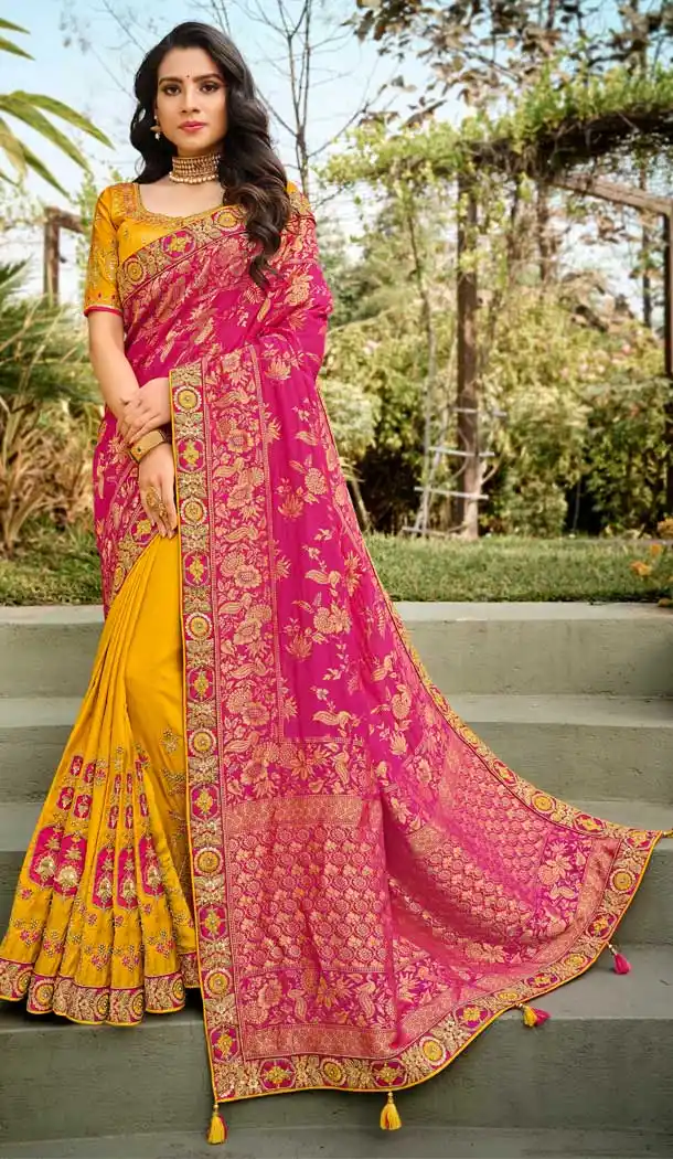Pink Yellow Color Silk Traditional Designer Party Wear Saree Blouse -9974116738