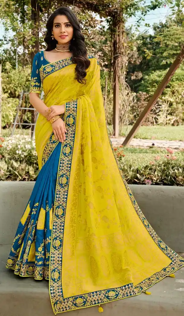 Lemon Blue Color Silk Traditional Designer Party Wear Saree Blouse -9974116740