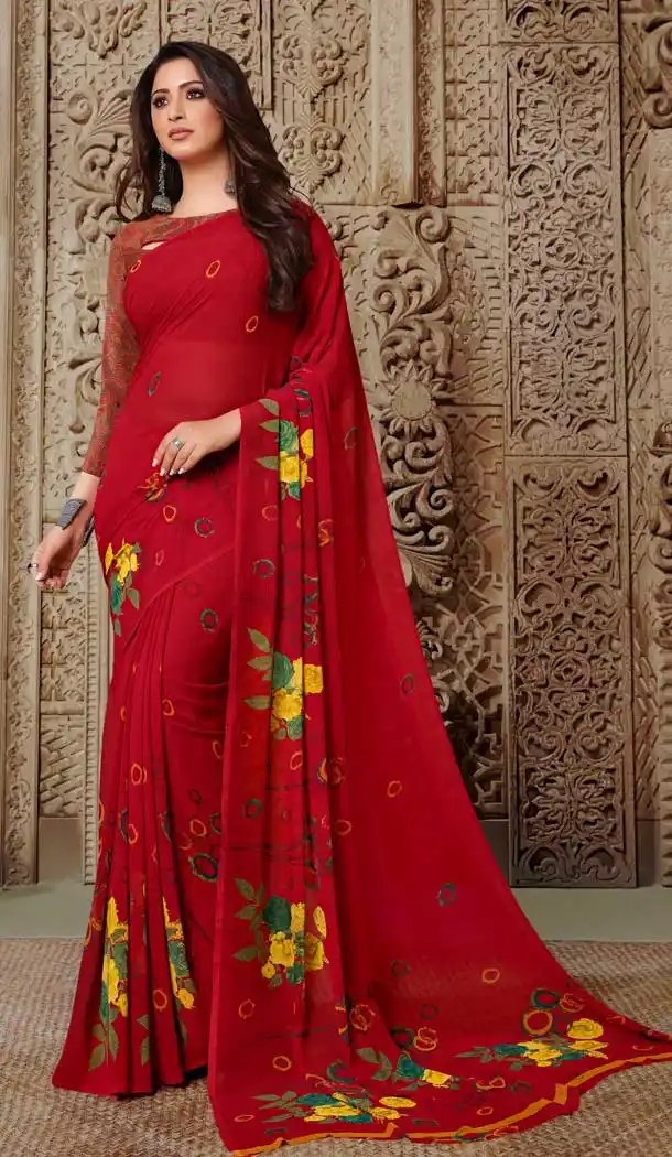 Red Color Georgette Printed Casual Party Wear Saree Blouse -9991116882