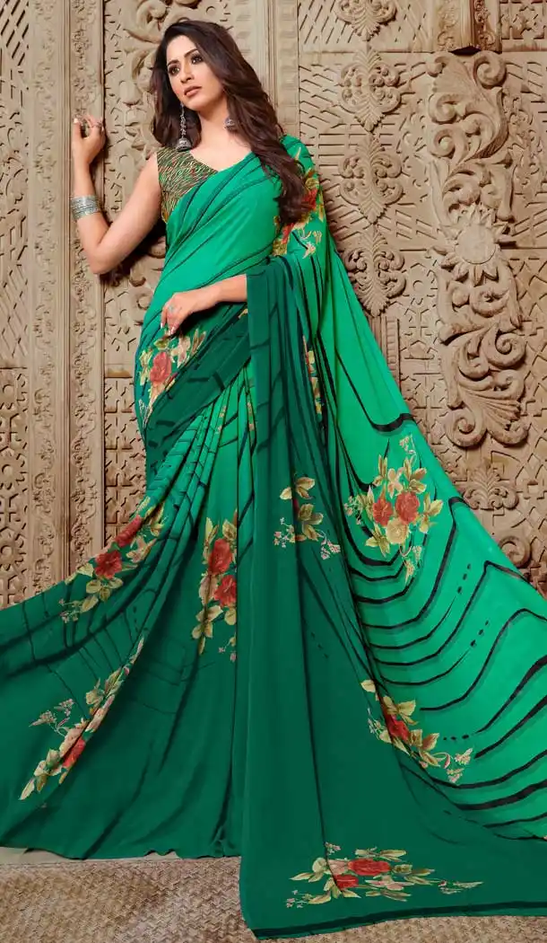 Enigmatic Green Color Georgette Printed Casual Party Wear Saree Blouse -9991116884