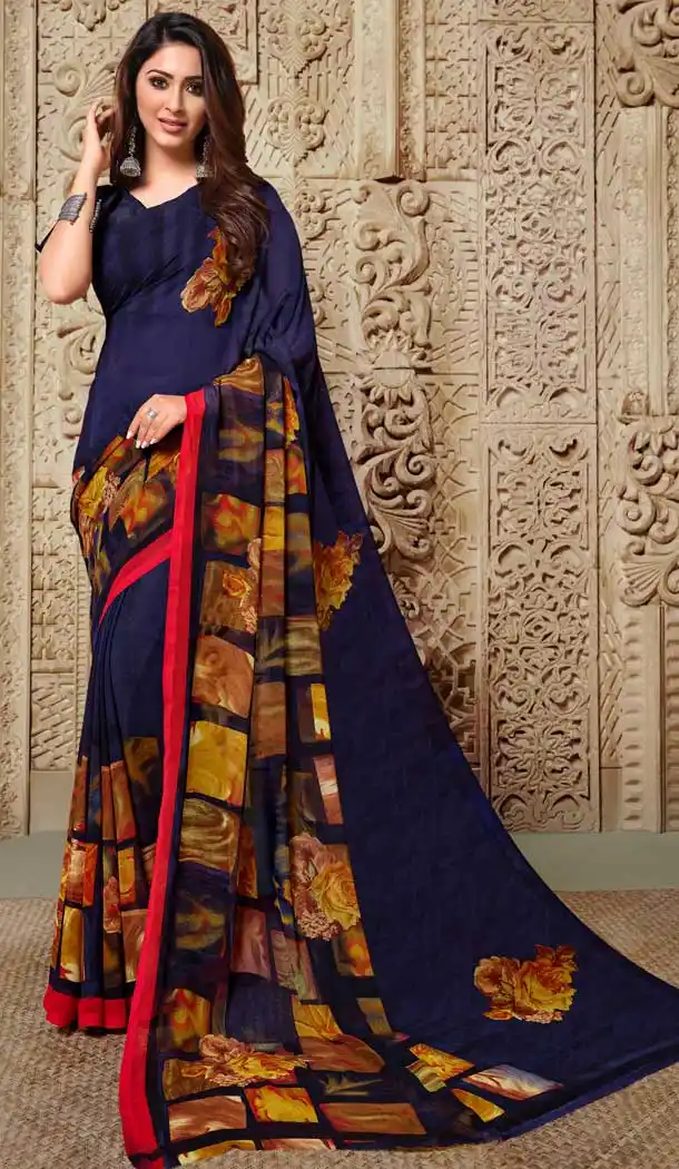 Chic Blue Color Georgette Printed Casual Party Wear Saree Blouse -9991116886
