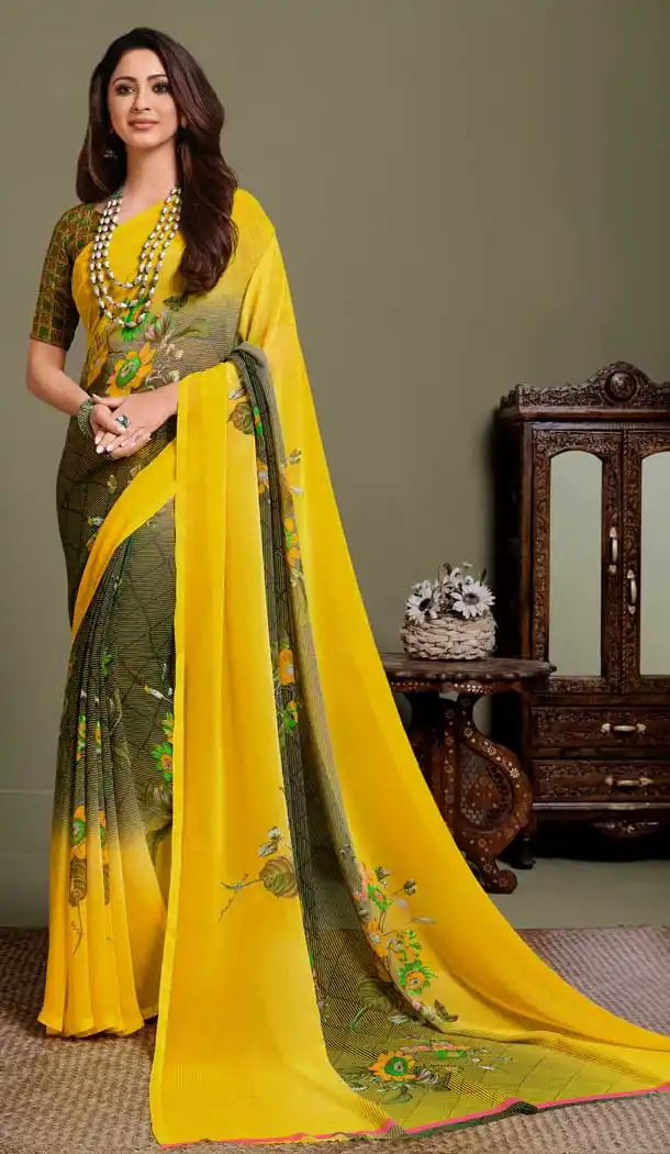 Vivacious Yellow Color Georgette Printed Casual Party Wear Saree Blouse -9991116888