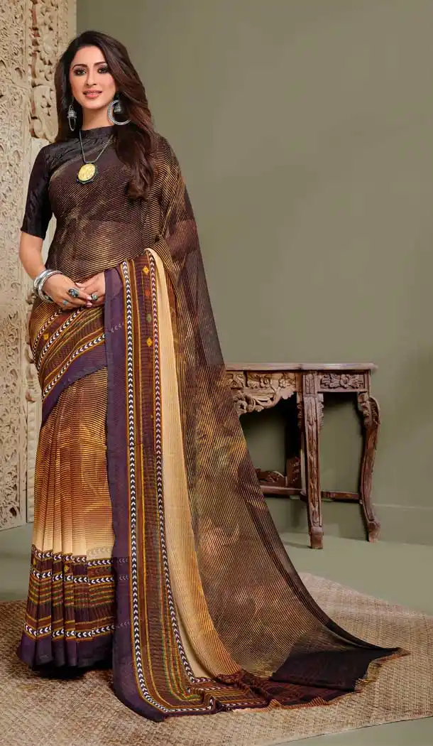 Brown Color Georgette Printed Casual Party Wear Saree Blouse -9991116890