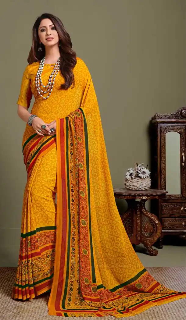 Yellow Color Georgette Printed Casual Party Wear Saree Blouse -9991116891