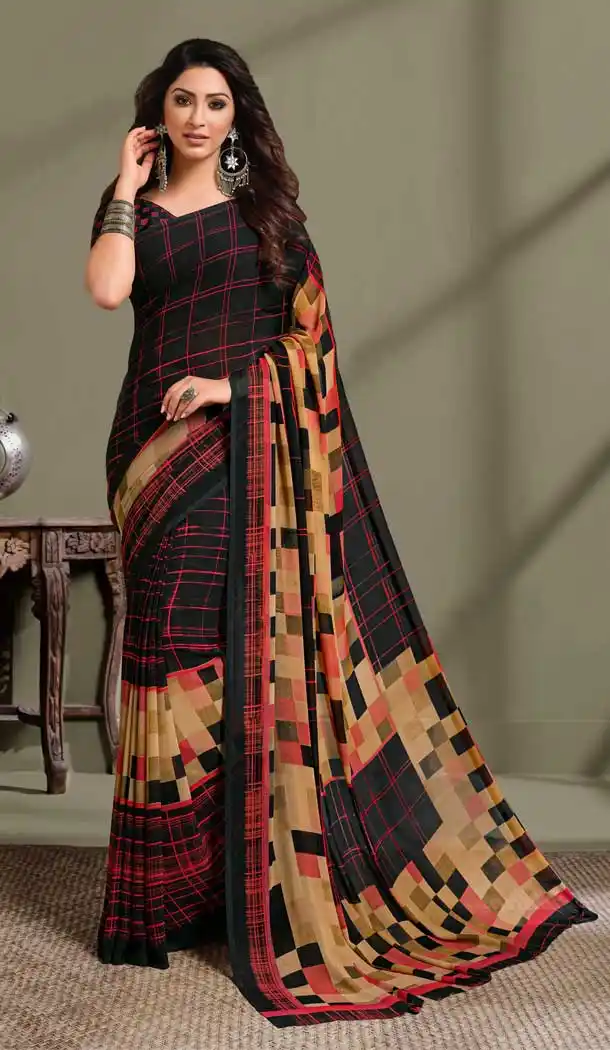 Ethnic Black Color Georgette Printed Casual Party Wear Saree Blouse -9991116893