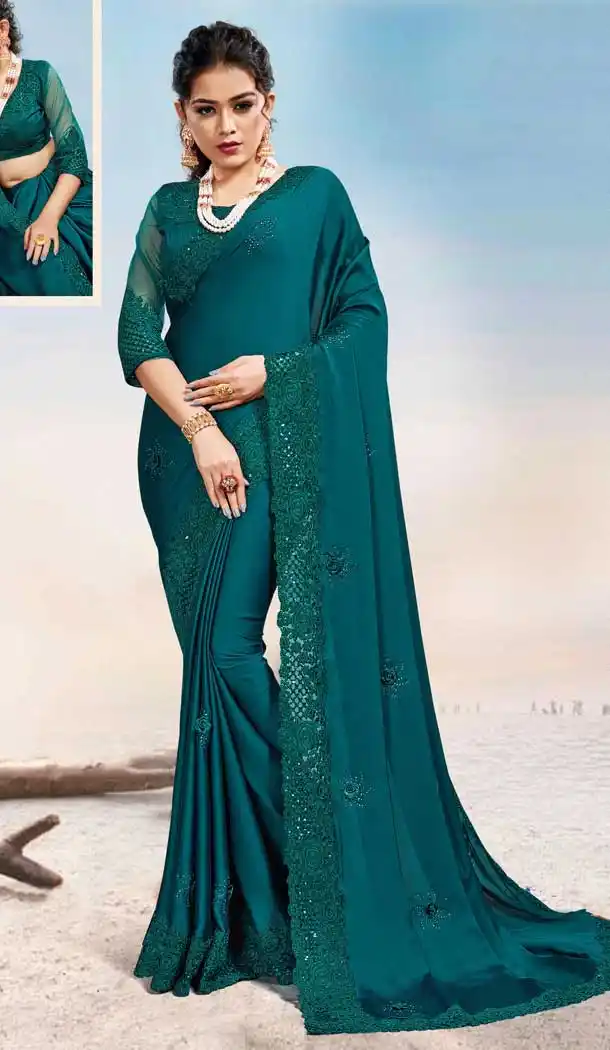 Teal Blue Color Two Tone Satin Silk Traditional Wear Designer Saree Blouse -9998116969