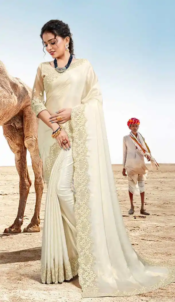Off White Color Satin Georgette Traditional Wear Designer Saree Blouse -9998116973