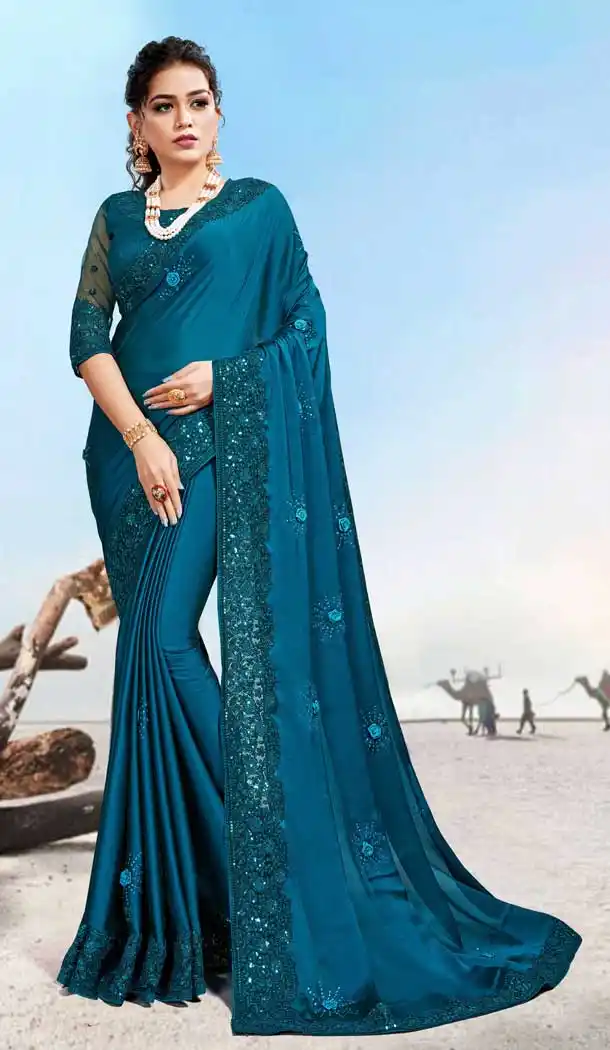 Teal Blue Color Silk Georgette Traditional Wear Designer Saree Blouse -9998116975