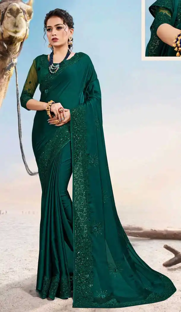 Bottel Green Color Silk Georgette Traditional Wear Designer Saree Blouse -9998116976