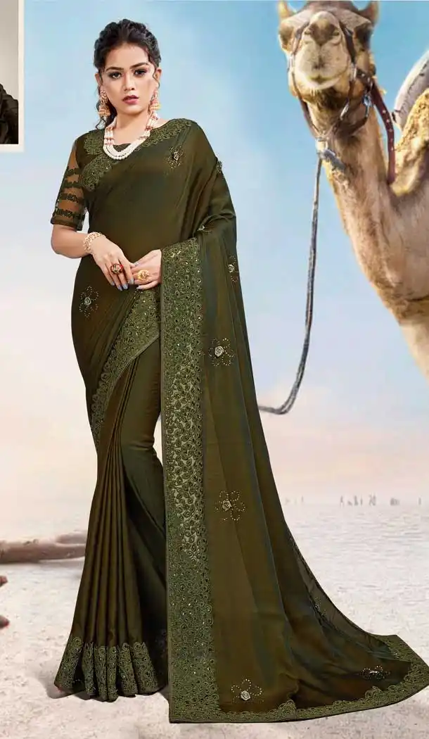 Olive Green Color Two Tone Silk Satin Traditional Wear Designer Saree Blouse -9998116980