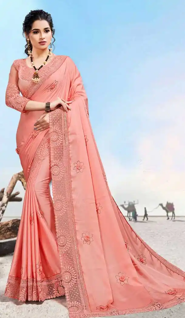 Peach Pink Color Two Tone Silk Satin Traditional Wear Designer Saree Blouse -9998116983
