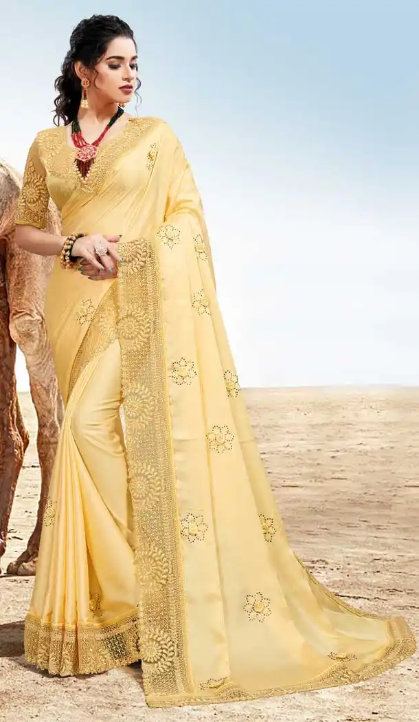 Cream Color Two Tone Silk Satin Traditional Wear Designer Saree Blouse -9998116986