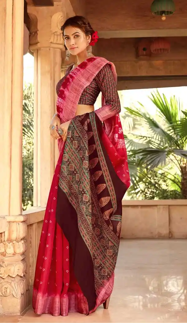 Red Color Linen Digital Printed Work Casual Office Party Wear Saree Blouse -018117338