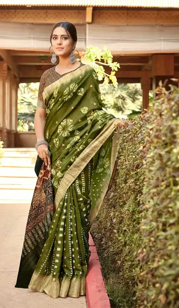 Green Color Linen Digital Printed Work Casual Office Party Wear Saree Blouse -018117341