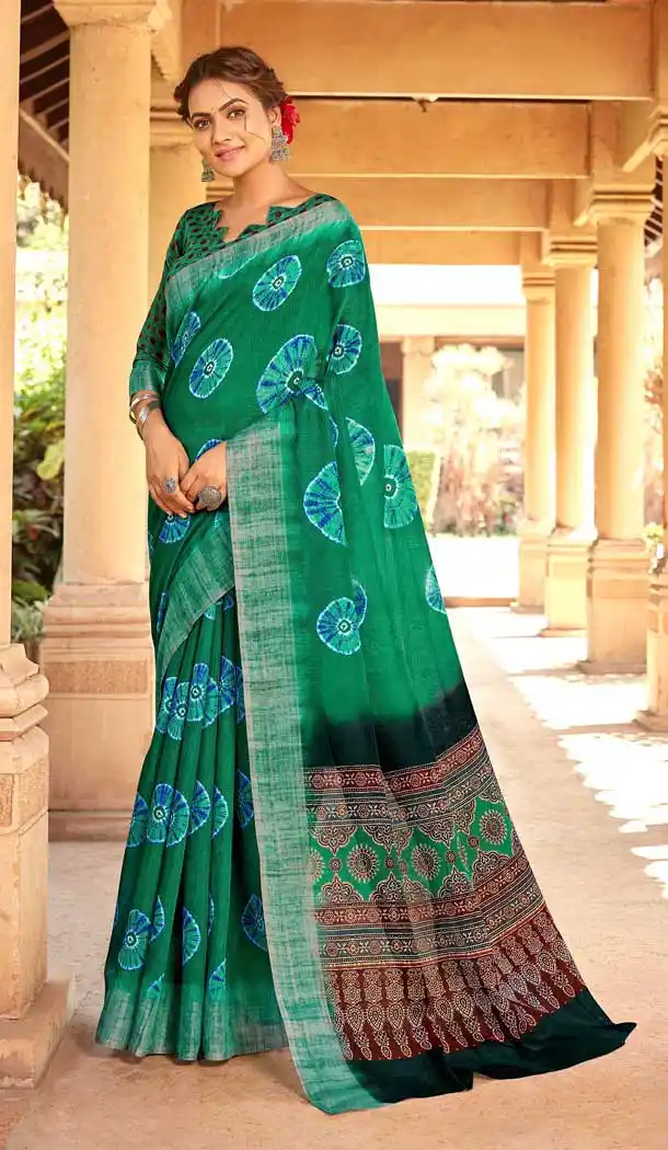Green Color Linen Digital Printed Work Casual Office Party Wear Saree Blouse -018117343