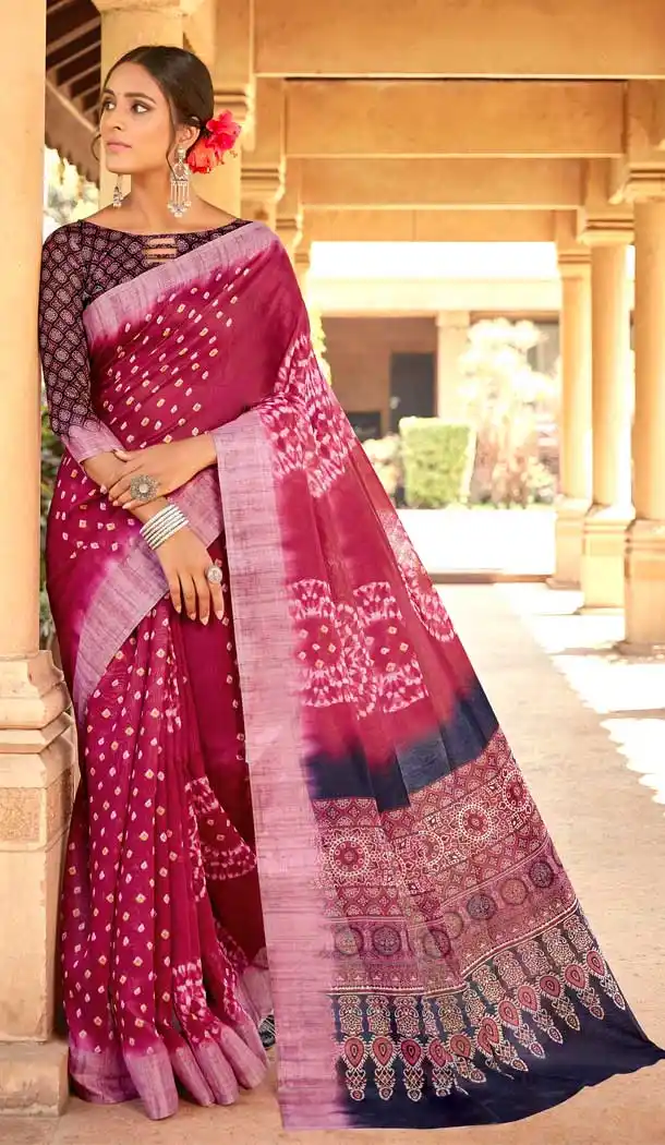 Pinkish Maroon Color Linen Digital Printed Work Casual Office Party Wear Saree Blouse -018117347