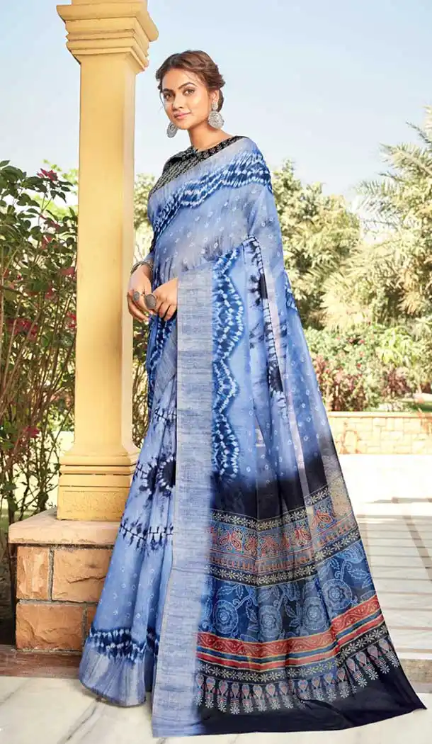 Light Blue Color Linen Digital Printed Work Casual Office Party Wear Saree Blouse -018117348