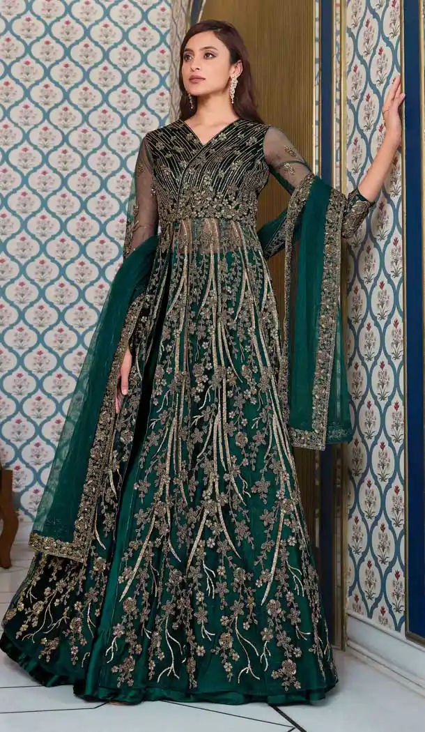 Peacock Blue Color Net Heavy Designer Bridal Party Wear Indo Western Suit -007117070