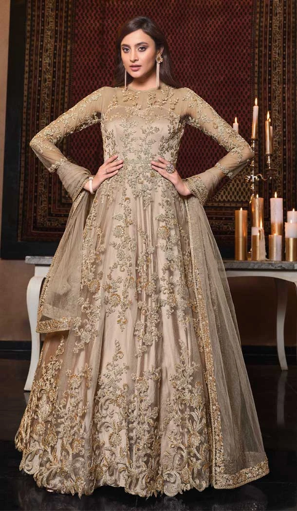Beige Color Net Heavy Designer Bridal Party Wear Indo Western Suit -007117072