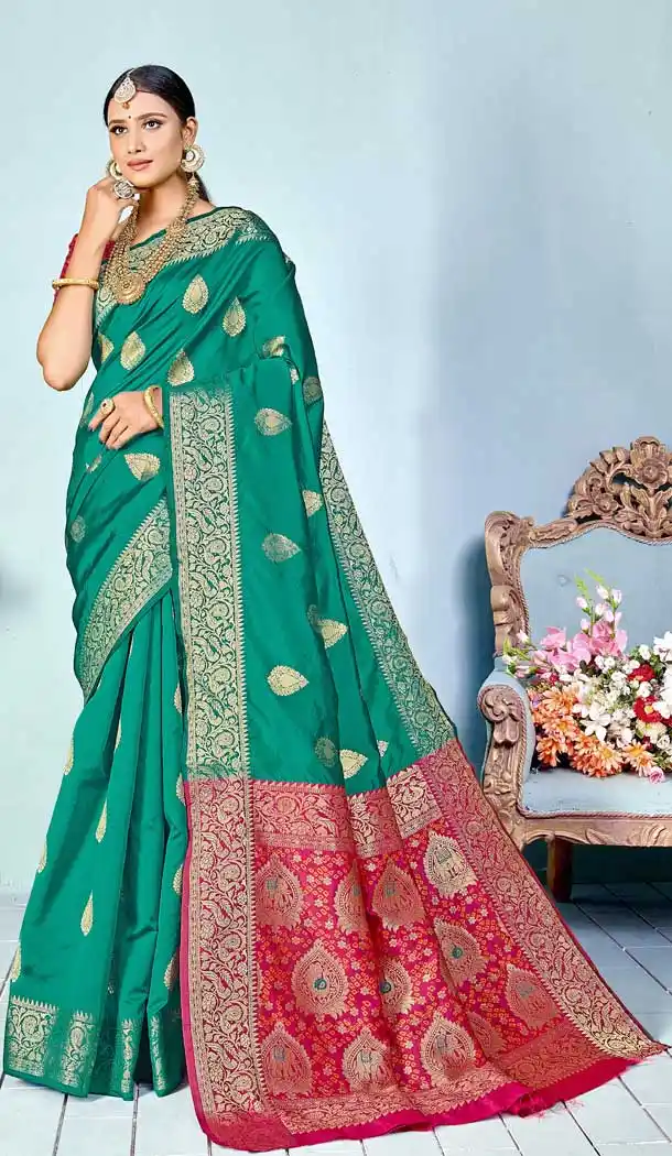 Rama Color Silk Weaving Print Work Casual Party Wear Saree Blouse -022117369