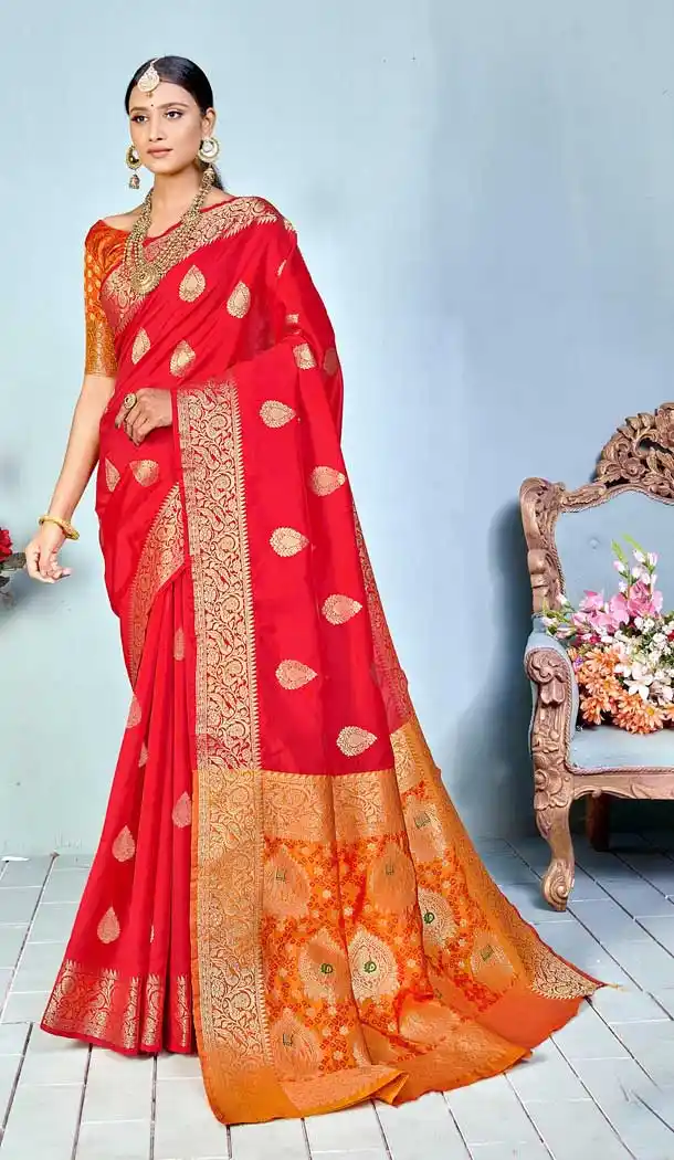 Red Color Silk Weaving Print Work Casual Party Wear Saree Blouse -022117371