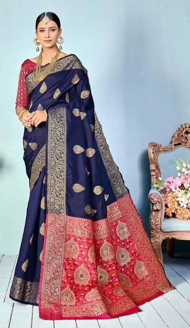 Navy Blue Color Silk Weaving Print Work Casual Party Wear Saree Blouse -022117372