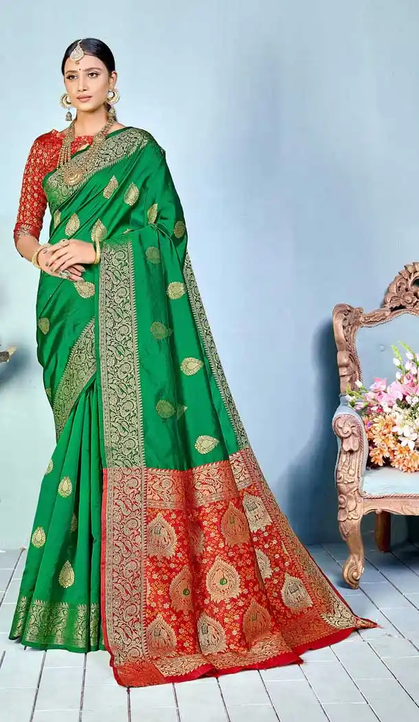 Green Color Silk Weaving Print Work Casual Party Wear Saree Blouse -022117373