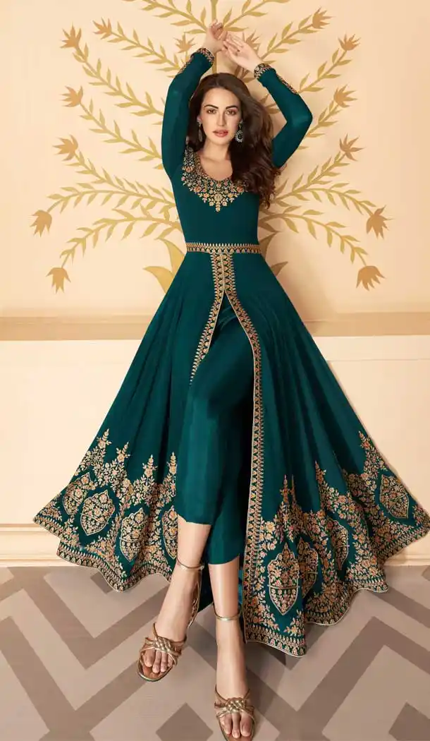Peacock Blue Color Real Georgette Party Wear Indo Western Suit -032117474