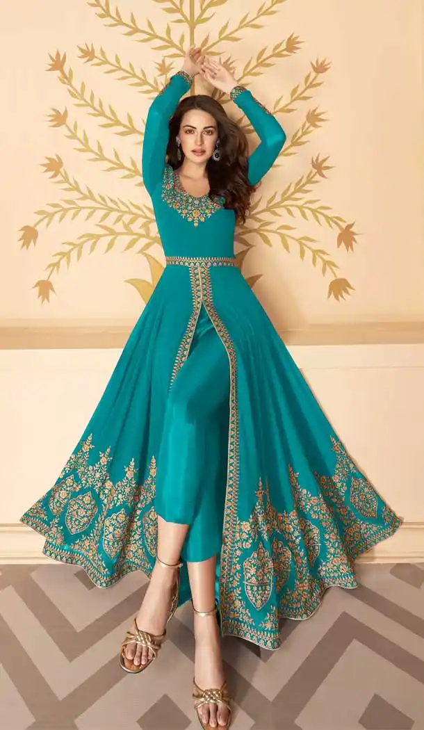 Sky Blue Color Real Georgette Party Wear Indo Western Suit -032117476