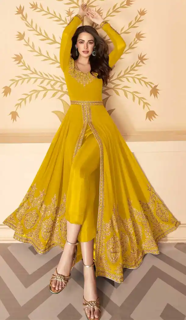 Yellow Color Real Georgette Party Wear Indo Western Suit -032117477
