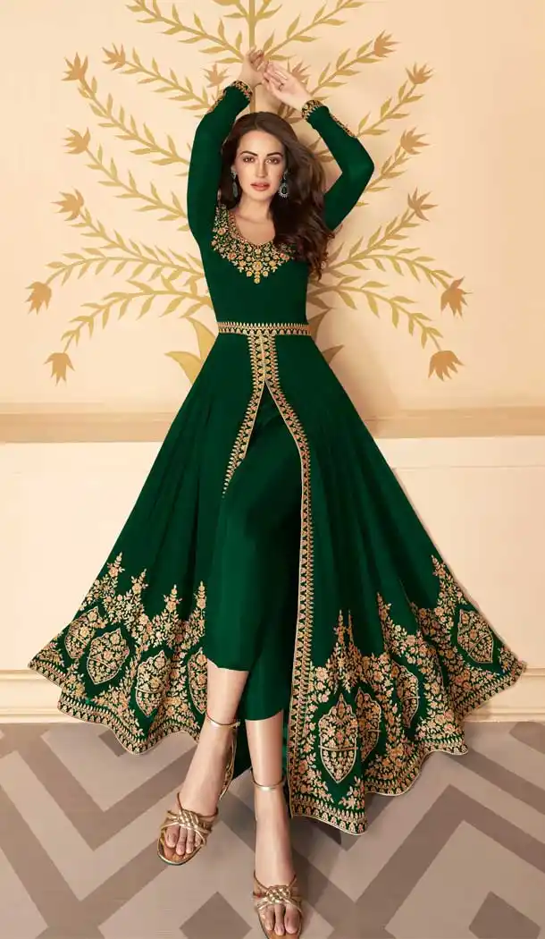 Green Color Real Georgette Party Wear Indo Western Suit -032117478
