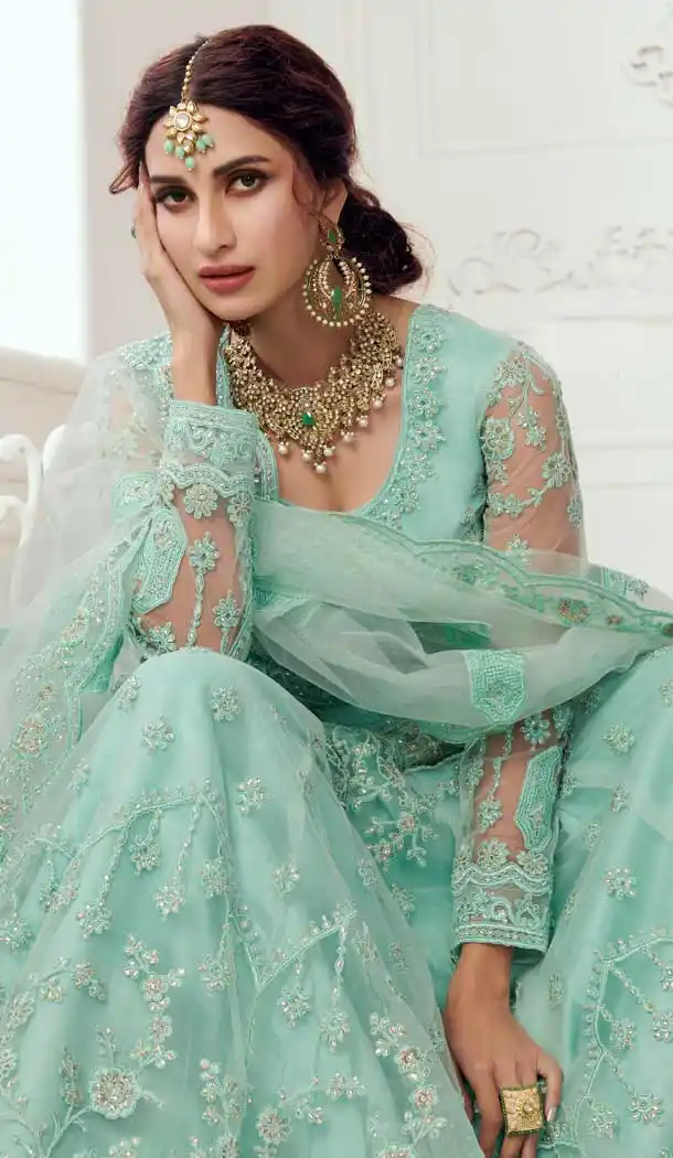Turquoise Blue Color Net Designer Bridal Wedding Wear Lehenga Choli -033117480