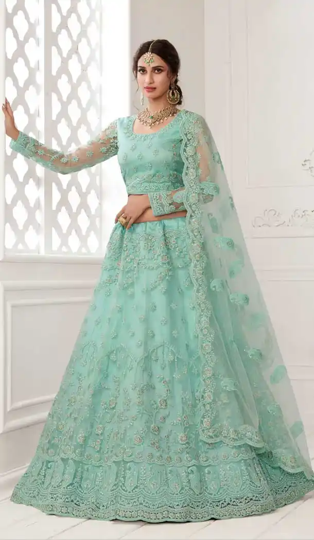 Turquoise Blue Color Net Designer Bridal Wedding Wear Lehenga Choli -033117480