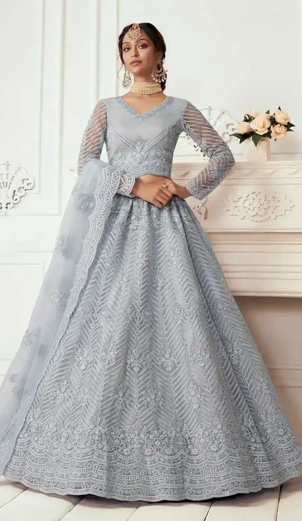 Periwinkle Color Net Designer Bridal Wedding Wear Lehenga Choli -033117482