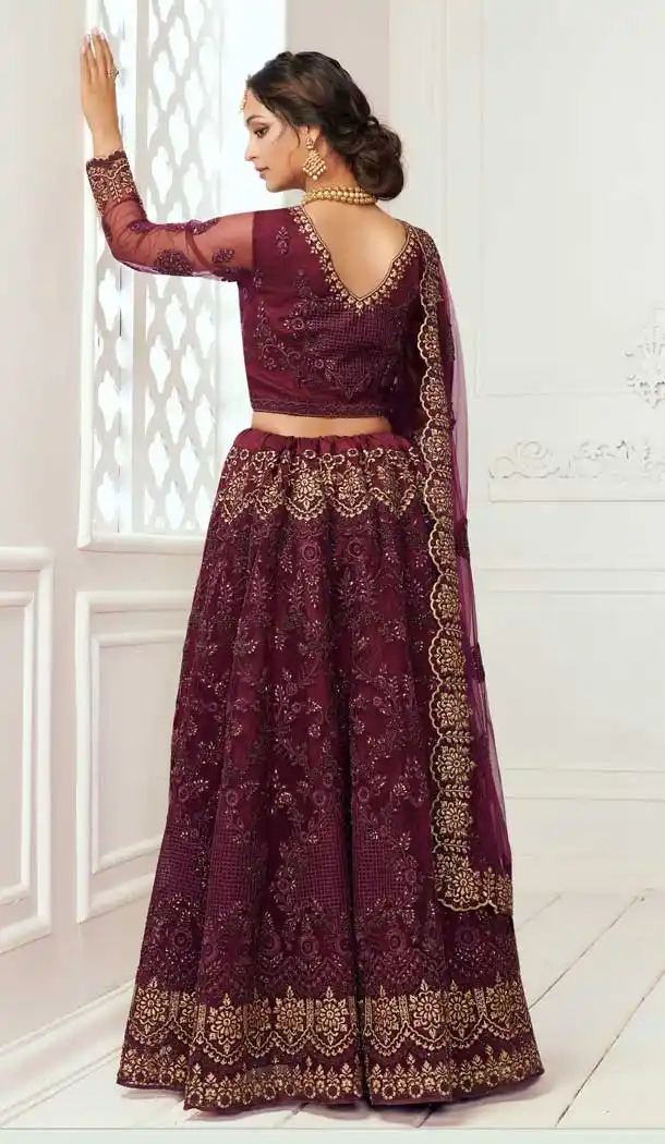 Wine Color Net Designer Bridal Wedding Wear Lehenga Choli -033117485