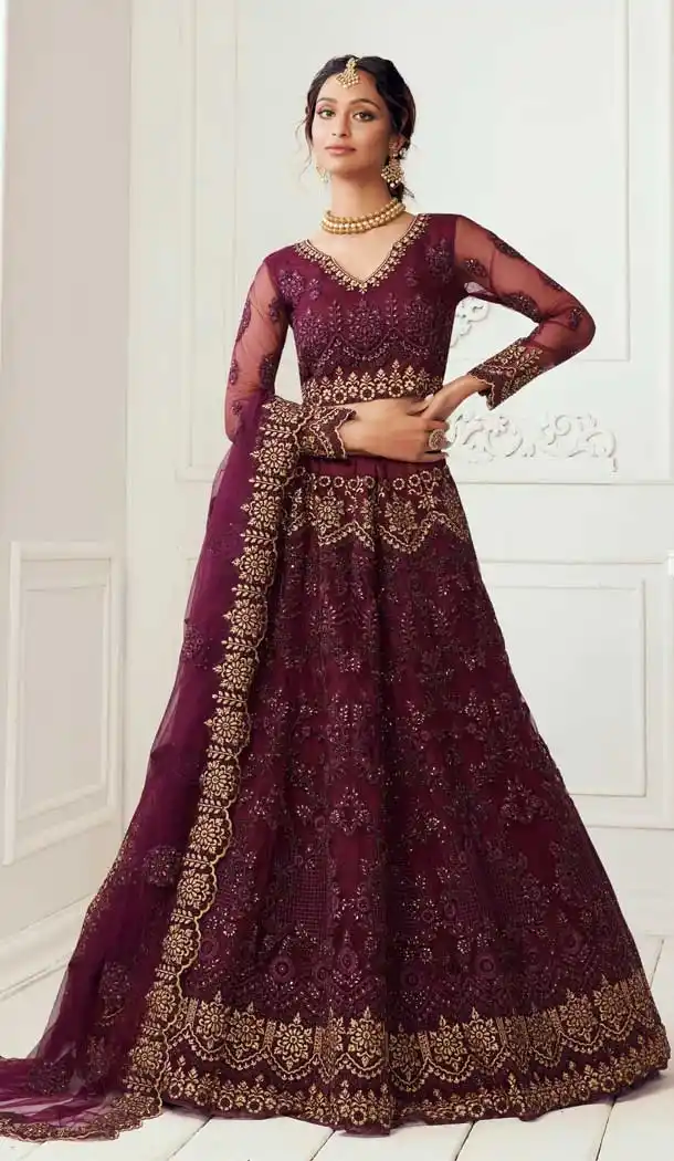 Wine Color Net Designer Bridal Wedding Wear Lehenga Choli -033117485