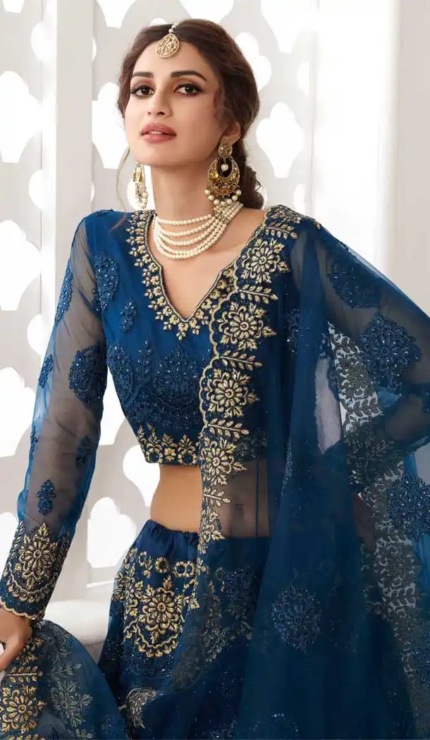 Prussian Blue Color Net Designer Bridal Wedding Wear Lehenga Choli -033117486