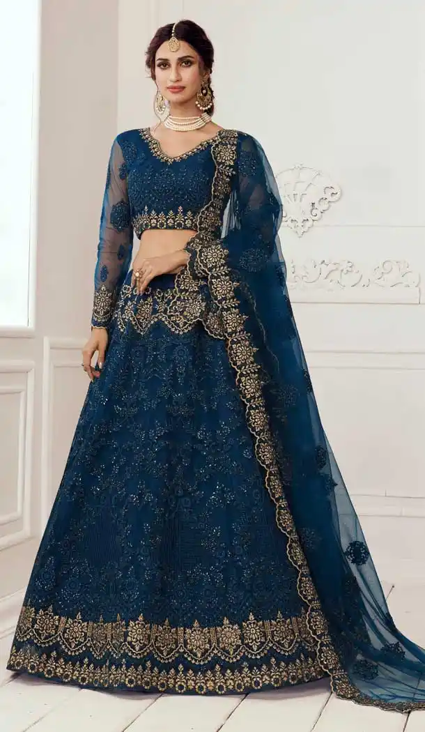 Prussian Blue Color Net Designer Bridal Wedding Wear Lehenga Choli -033117486