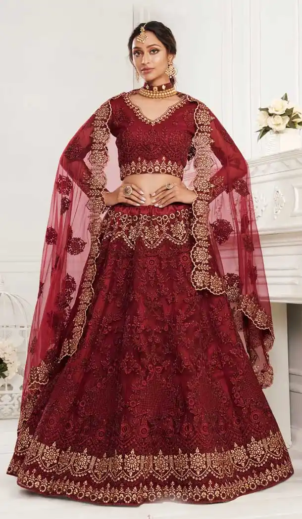Maroon Color Net Designer Bridal Wedding Wear Lehenga Choli -033117487