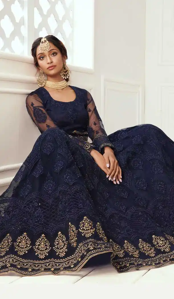 Deep Blue Color Net Designer Bridal Wedding Wear Lehenga Choli -033117488