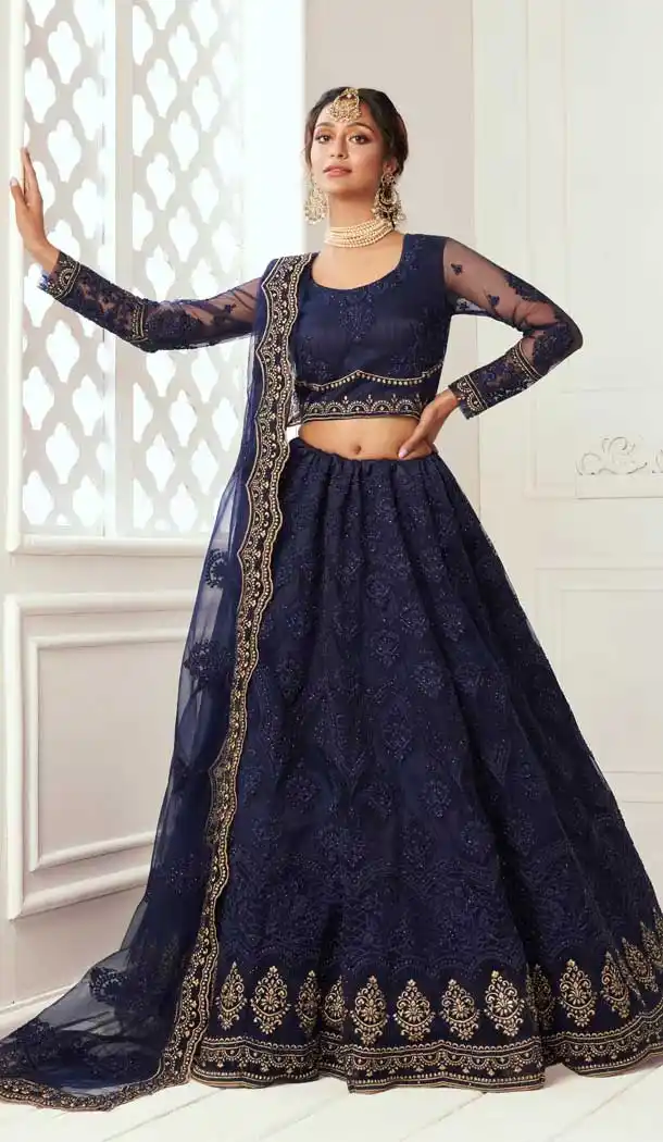 Deep Blue Color Net Designer Bridal Wedding Wear Lehenga Choli -033117488