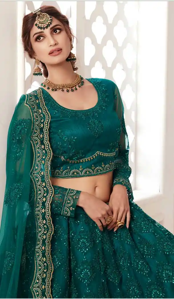 Teal Green Color Net Designer Bridal Wedding Wear Lehenga Choli -033117490