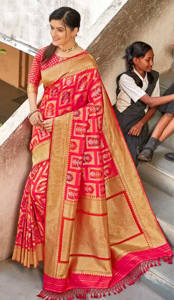 Redish Pink Color Banarasi Silk Designer Traditional Wear Saree Blouse -024117395
