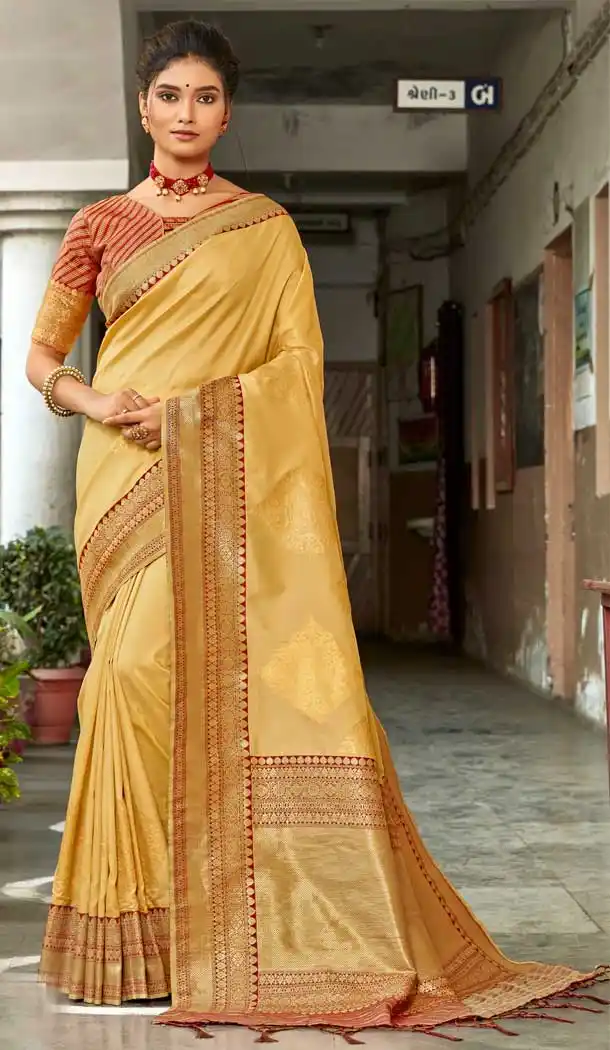 Yellow Cream Color Banarasi Silk Designer Traditional Wear Saree Blouse -024117400