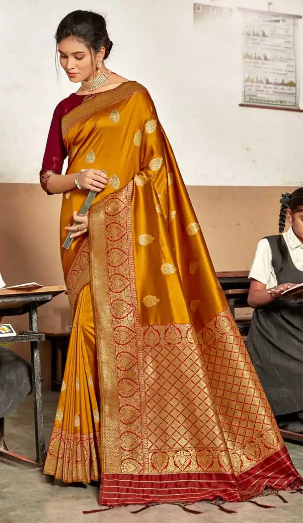 Golden Color Banarasi Silk Designer Traditional Wear Saree Blouse -024117401